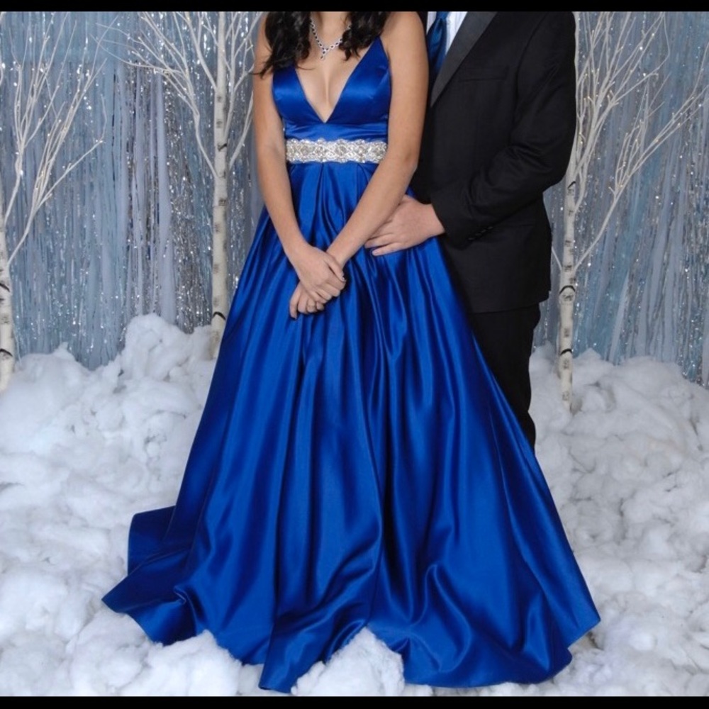 Blue lace up back prom dress